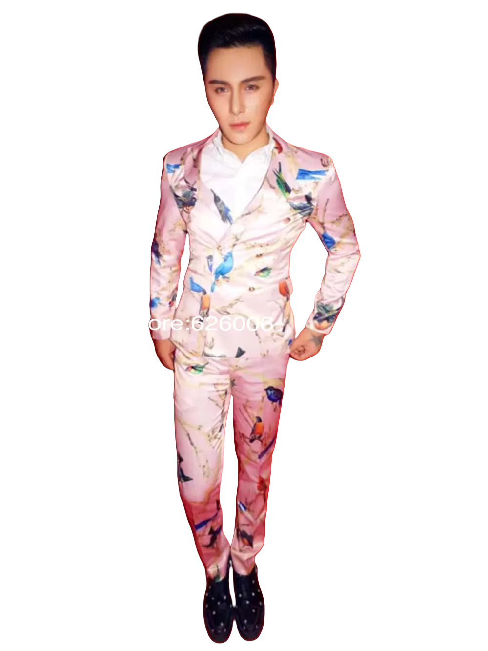 Men Formal Party Wear Dress - ชุดสูทแฟชั่นผู้ชายลายดอกไม้สีชมพูและนก สำหรับงานกลางคืน ดีเจ นักร้อง ชุดแสดงบนเวที ชุดออกงานปาร์ตี้