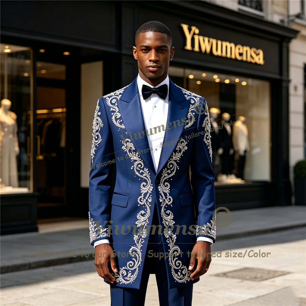 Men Formal Wear Pants - ชุดสูทผู้ชายประดับคริสตัลทำมือ ตัดเย็บตามสั่ง แบบกระดุมแถวเดียว สำหรับงานพรอม ชุดทางการยาว ชุดทักซิโด้เจ้าบ่าวงานแต่งงาน