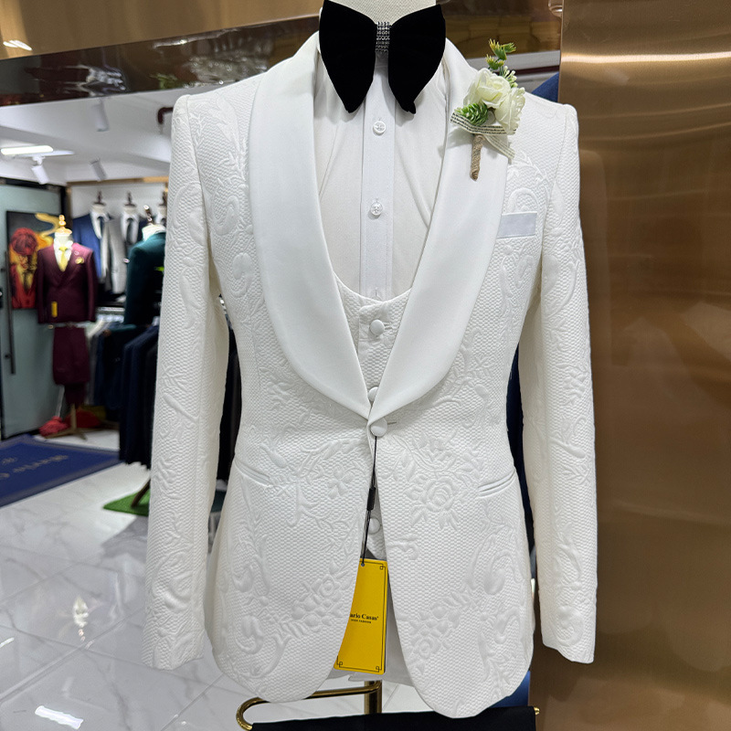 Men Formal Wear Pants - ชุดสูทแต่งงานผู้ชาย สีขาว 3 ชิ้น แจ็คเก็ตผ้าแจ็คการ์ด เสื้อกั๊ก