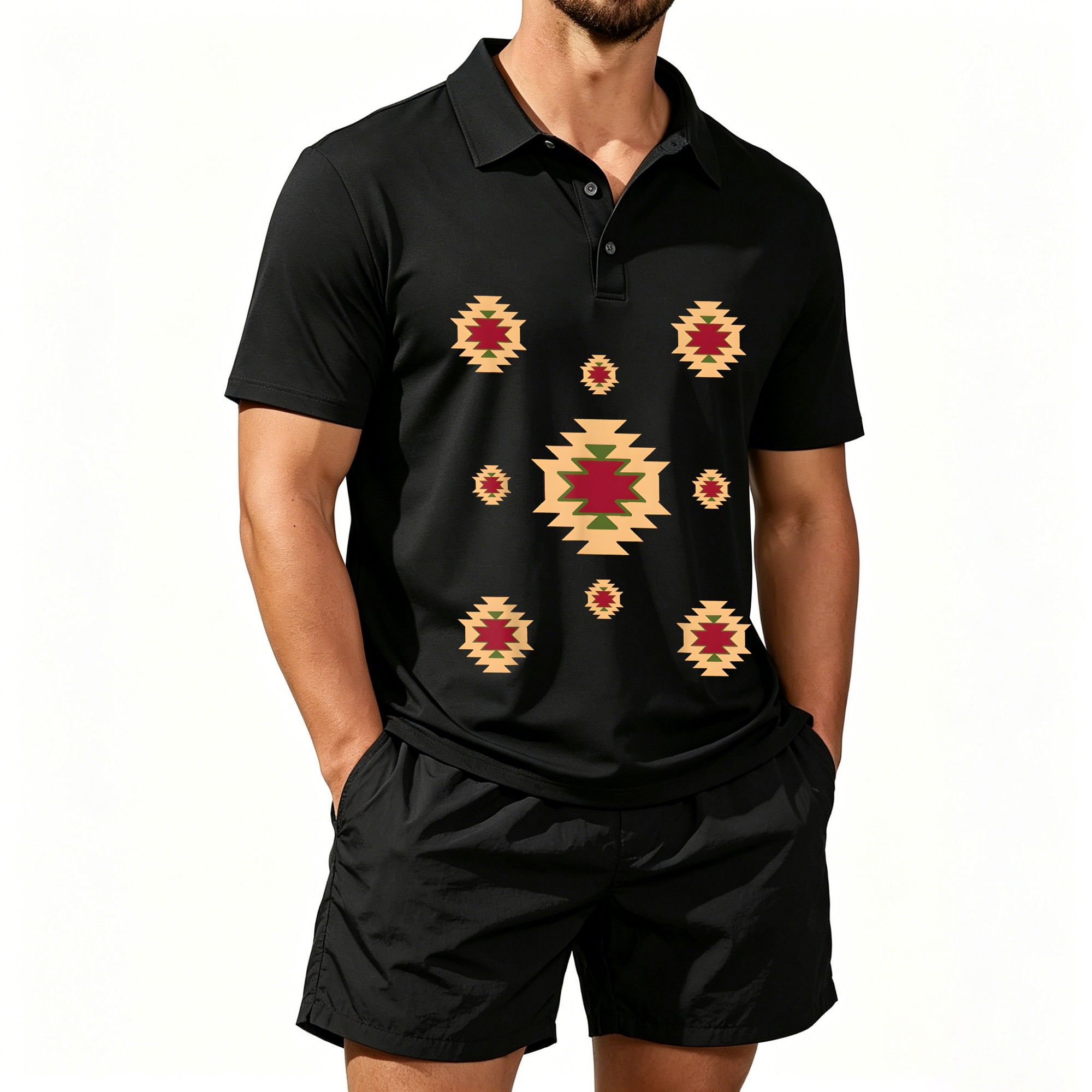 Men'S Ethnic & Formal Designer Wear Studio S - ชุดเสื้อโปโลแขนสั้นสำหรับผู้ชาย ลายพิมพ์ชนเผ่าแอซเท็กแบบตะวันตก ลายพิมพ์สนุกสนานสไตล์ชนเผ่าตะวันตกเฉียงใต้ เหมาะสำหรับสวมใส่ในชีวิตประจำวันและกิจกรรมกลางแจ้ง ผ้ามีคุณสมบัติระบายอากาศได้ดีและอ่อนโยนต่อผิว สามารถซักด้วยเครื่องซักผ้าได้
