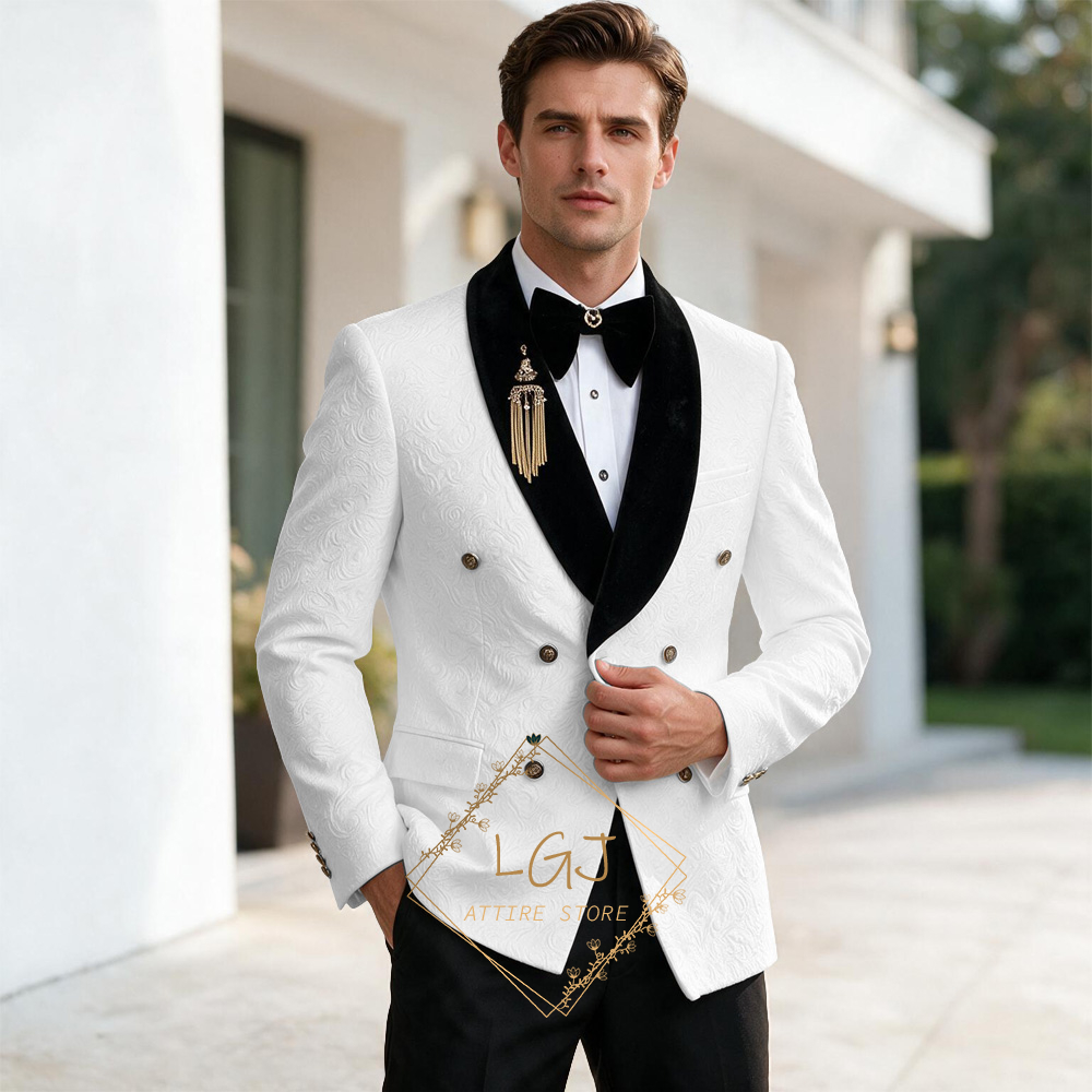 Men Formal Wear For Dinner - ชุดสูทผู้ชายหรูหรา 2 ชิ้น พร้อมแจ็คเก็ตปักลายแจ็คการ์ด ปกเสื้อกำมะหยี่ตัดสี ชุดเจ้าบ่าวสำหรับงานแต่งงาน