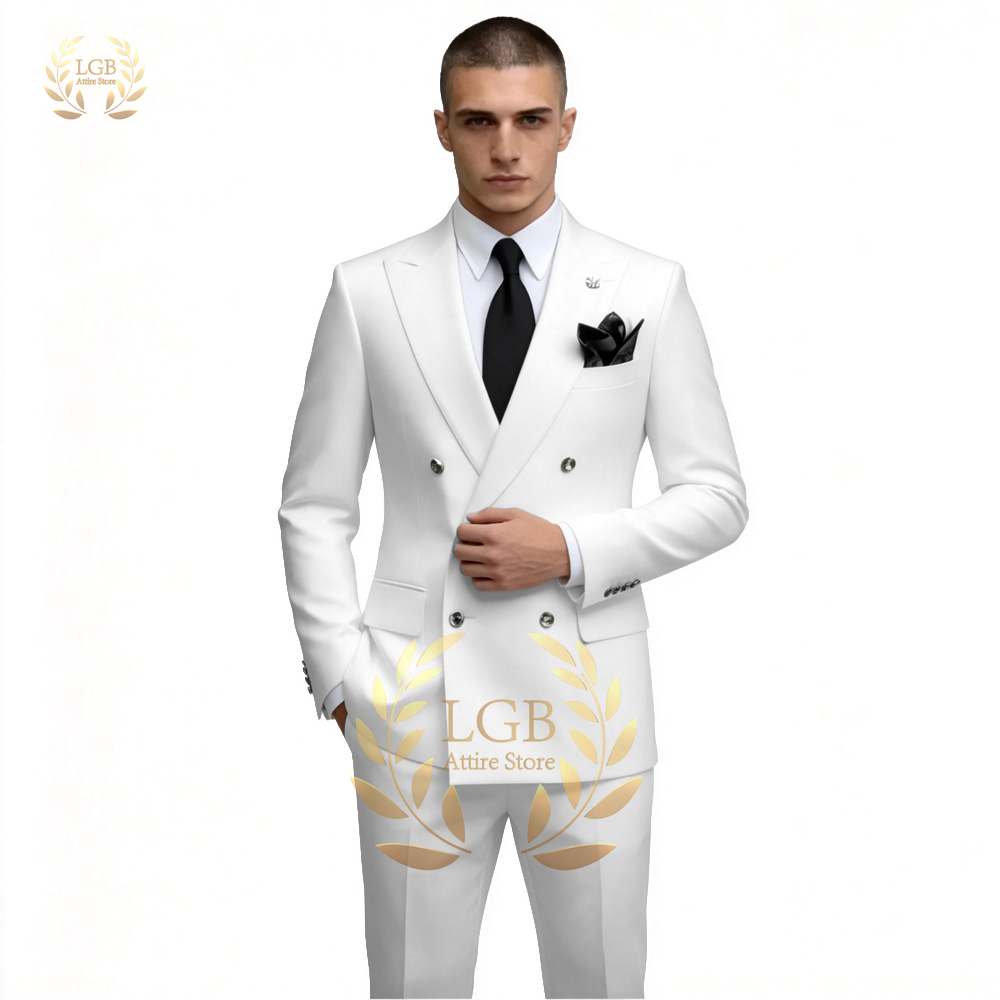 Men Formal Wear For Dinner - ชุดสูทผู้ชายสีขาวแบบกระดุมสองแถว 2 ชิ้น ทรงเข้ารูป เสื้อเบลเซอร์และกางเกงขายาว สำหรับงานแต่งงาน
