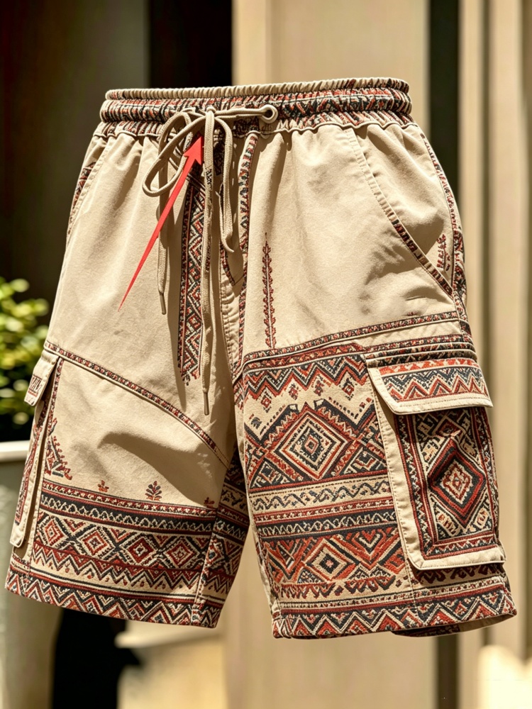 Men'S Ethnic & Formal Designer Wear Studio S - กางเกงขาสั้นคาร์โก้ผู้ชายสีกากีลายชนเผ่าแอซเท็ก ลายเรขาคณิต ตกแต่งผ้าแบบแพทช์เวิร์ค มีกระเป๋าหลายช่อง เอวยางยืดพร้อมเชือกผูก สไตล์โบฮีเมียนลำลอง