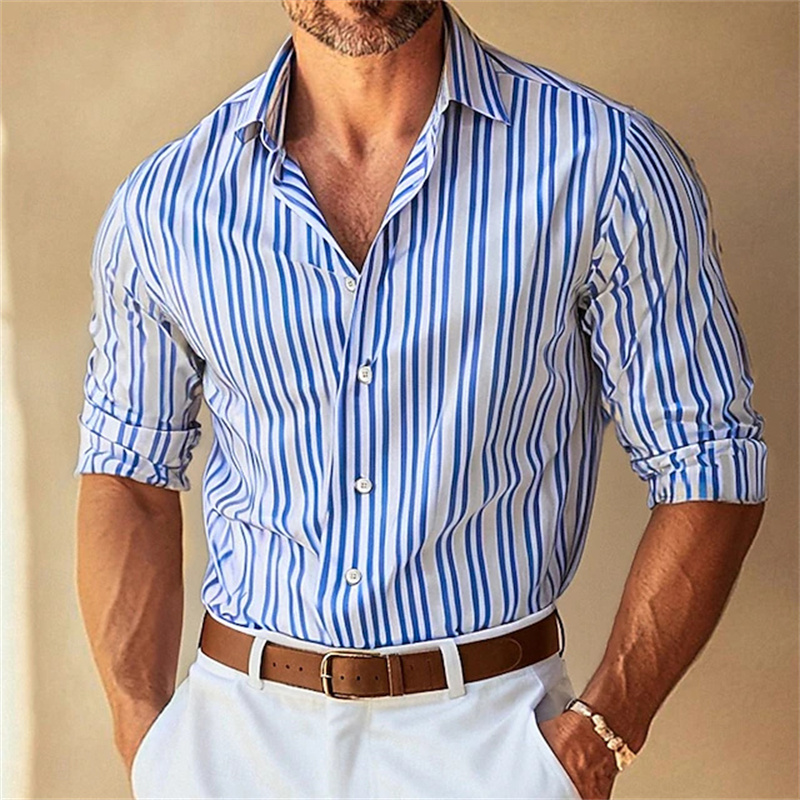Large Men Formal Wear - เสื้อเชิ้ตผู้ชายลายทาง คอปกติดกระดุม แขนยาว 10 สี สีดำ