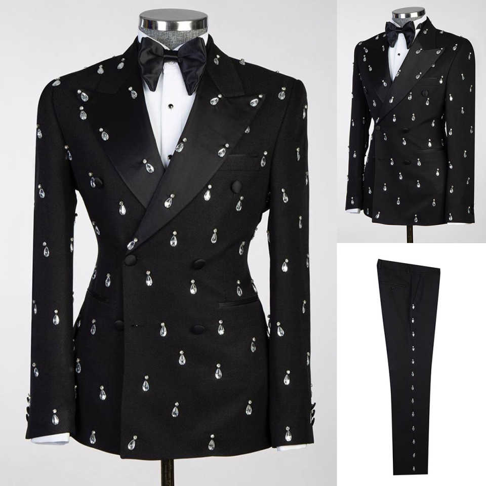 Large Men Formal Wear - คริสตัลขนาดใหญ่เจ้าบ่าวงานแต่งงาน Tuxedos2 ชิ้น SLIM FIT สีดํา