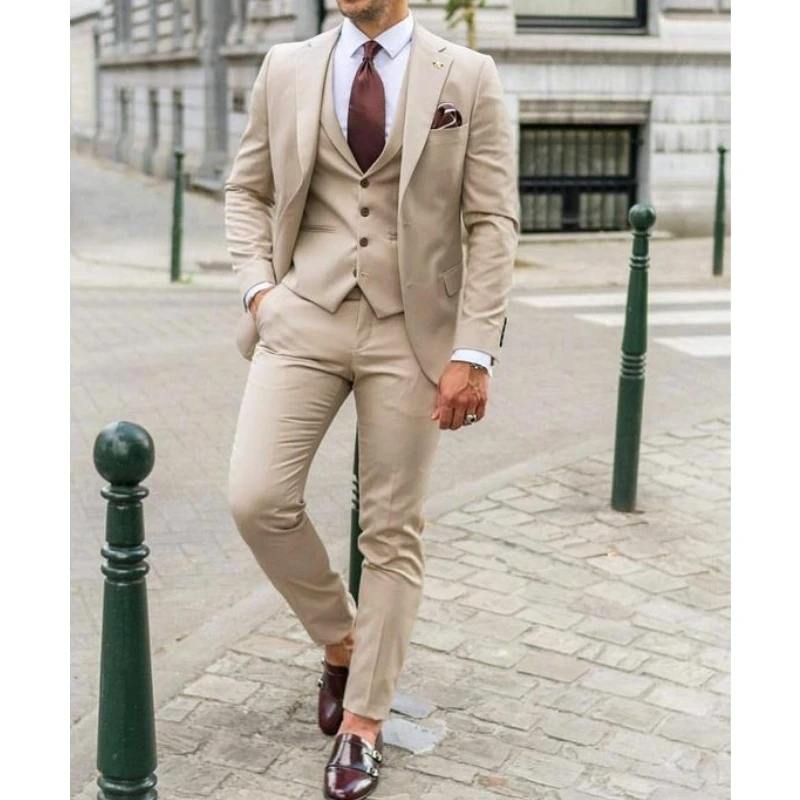Men Formal Wear For Dinner - ชุดสูทผู้ชายแบบปกนอตช์ ทรงเข้ารูป สไตล์ธุรกิจ ชุดสูท 3 ชิ้น