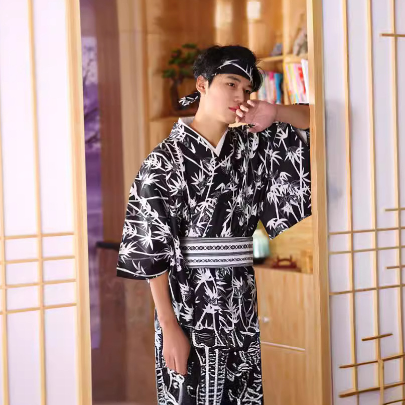 Traditional Japanese Men'S Formal Wear - ชุดกิโมโนลายไม้ไผ่สไตล์ญี่ปุ่นสำหรับผู้ชาย – ผ้าใยสังเคราะห์กันยับ เหมาะสำหรับงานถ่ายภาพ การแสดงบนเวที และภาพยนตร์