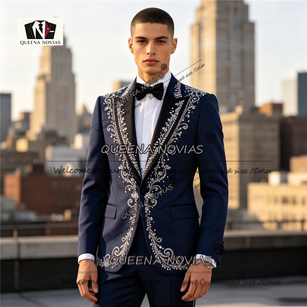 Men Formal Wear For Dinner - ชุดทักซิโด้ผู้ชายทรงเข้ารูป ประดับคริสตัลและลูกปัด เสื้อแจ็คเก็ตและกางเกง 2 ชิ้น ชุดสำหรับเจ้าบ่าว