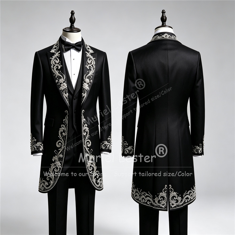 Men Formal Wear Pants - ชุดทักซิโด้แต่งงานสำหรับผู้ชายสุดหรู พร้อมคริสตัลประดับระยิบระยับแบบสั่งตัดพิเศษ เสื้อเบลเซอร์ สายเดี่ยว และกางเกง ชุด