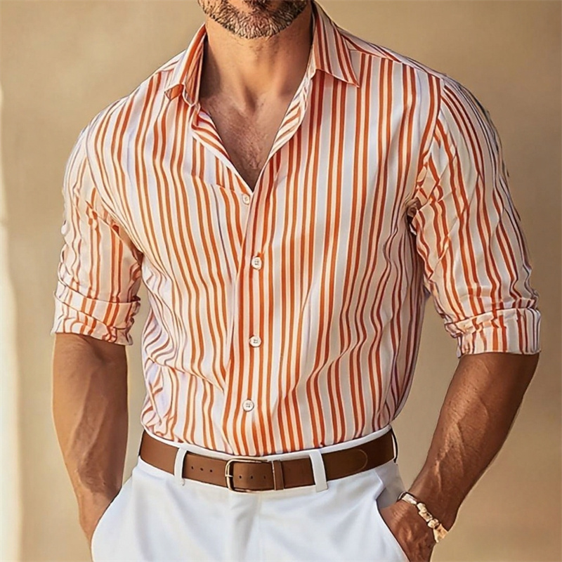 เสื้อเชิ้ตผู้ชายลายทาง คอปกติด - Large Men Formal Wear บทวิจารณ์และราคา